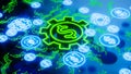 Glowing cryptocurrency network, neon green dollar symbol, blue blockchain links