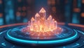 Glowing crystal cluster displays data on platform. Digital tech. Futuristic concept of data analysis, data visualization on Royalty Free Stock Photo