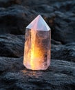 Glowing crystal quartz pyramid on dark rocky surface Royalty Free Stock Photo
