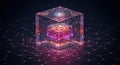Glowing Cube with Abstract Interior on Dark Connected Network Royalty Free Stock Photo