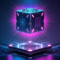 Glowing cube with circuit design and neon pink light bursts on a dark background Royalty Free Stock Photo