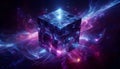 Glowing cube in cosmic space with purple-blue nebula Royalty Free Stock Photo