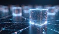 Glowing cube connects with digital network. Abstract data nodes form web. Futuristic system displays bright light particles. Royalty Free Stock Photo