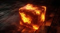 A glowing cube with a fiery texture, set in a dark, wooden environment Royalty Free Stock Photo