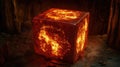 A glowing cube with a fiery texture, set in a dark, wooden environment Royalty Free Stock Photo