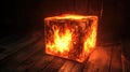 A glowing cube with a fiery texture, set in a dark, wooden environment Royalty Free Stock Photo