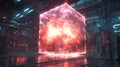 Glowing cube in futuristic city scientists observe energy source sci-fi concept art