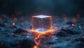 Glowing cube with linked nodes sits on dark textured ground. Orange and blue lights shine from structure creating energy. Royalty Free Stock Photo