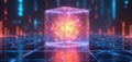 Glowing cube shines in darkness with orange core. Box stands on textured surface with neon light reflections. Tech artwork Royalty Free Stock Photo
