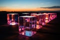 Glowing cubes against a twilight horizon.