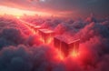 Glowing cubes ascend path through sunset clouds. Digital data blocks float skyward in a row. Futuristic tech, cloud computing, Royalty Free Stock Photo
