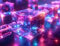 Glowing cubes linked with metallic bars on a reflective surface Royalty Free Stock Photo