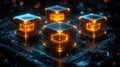 Glowing cubic forms on a circuit board Royalty Free Stock Photo