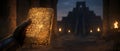 Glowing cuneiform tablet held by armored hand at dusk Royalty Free Stock Photo
