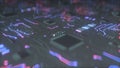 Glowing current flows on PCB Printed circuit board 3D rendering