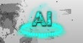 Glowing cyan AI text hovering above circular holographic ring in virtual interface, with pixel map Royalty Free Stock Photo