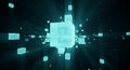 Glowing Cyan Cubes and Light Rays in a Dark Digital Space abstract background Royalty Free Stock Photo