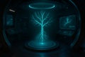 Glowing cyan neural network tree structure in futuristic laboratory control room image Royalty Free Stock Photo