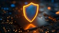 Glowing Cyber Security Shield with Orange and Blue Lighting on Microchip, Generative AI Royalty Free Stock Photo