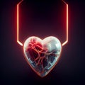 Glowing cybernetic heart. Stylized abstract glowing heart. Glowing extraterrestrial heart. 3D Digital illustration. AI