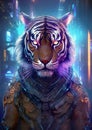 A glowing cybernetic tiger in a neon-lit dystopia.
