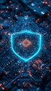Glowing cybersecurity shield icon within complex circuit design