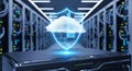 Glowing cybersecurity shield protecting cloud computing data in a futuristic server room Royalty Free Stock Photo