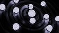 Glowing 3d balls move in rings. Design. Rotating 3d balls in spiral rings. Glowing balls move in orbits in disks