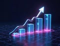 Glowing 3D bar chart with rising trend line, arrow against dark background. Digital financial data visualization with neon glow, Royalty Free Stock Photo