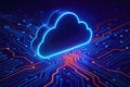3D cloud icon hovering over a glowing blue and orange circuit board cloud computing technology Royalty Free Stock Photo