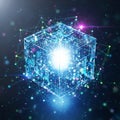 A glowing 3D cube in a digital space with interconnected points and lines, Royalty Free Stock Photo