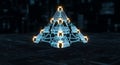 A glowing 3D holographic projection of a complex data flow structure forming a pyramidal conceptual tree against a dark technical Royalty Free Stock Photo