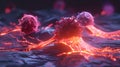 Glowing 3D illustration of cancer cells division. Royalty Free Stock Photo