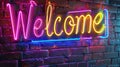 A glowing 3D neon sign with word Welcome set against a brick wall Royalty Free Stock Photo