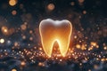 Glowing 3D-rendered tooth surrounded by twinkling lights creates a magical atmosphere in a dark space. Generative AI Royalty Free Stock Photo