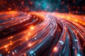 Glowing data cables transferring information close-up. Generative AI Royalty Free Stock Photo
