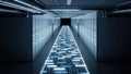 Glowing data center corridor featuring industrial ceiling and cooling ducts Royalty Free Stock Photo