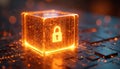 Glowing data cube advanced quantum encryption. Dynamic security layers shift within illuminated structure representing Royalty Free Stock Photo