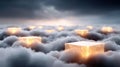 Glowing data cubes float among clouds under a dark sky, symbolizing cloud computing, data storage, and futuristic digital Royalty Free Stock Photo