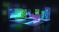 Futuristic digital interface showcasing complex data visualizations with glowing charts and interactive dashboards, representing Royalty Free Stock Photo