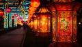 Glowing decorated lanterns on Chinese street. AI generated.