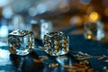 Glowing Dice on Casino Table with Bokeh Lights. Royalty Free Stock Photo