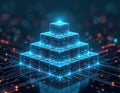 Glowing digital blocks form a pyramid on a dark background. Computer circuits and light particles create a tech network Royalty Free Stock Photo
