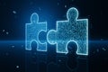 Glowing digital blue jigsaw puzzle hologram on dark blurry background. Digital solution, successful collaboration, partners Royalty Free Stock Photo