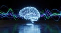 Glowing digital brain and abstract energy waves symbolizing neuroscience and artificial intelligence Royalty Free Stock Photo