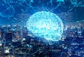 Artificial intelligence brain over smart city network and global data connections. Royalty Free Stock Photo