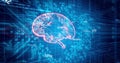 A glowing digital brain floats against blue circuit board background