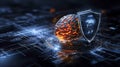 Digital brain and shield symbolizing cybersecurity futuristic environment visual art high-tech concept