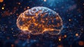 A glowing digital brain hologram floats in an abstract dark space with sparkling light particles. artificial Royalty Free Stock Photo