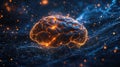 A glowing digital brain hologram floats in an abstract space with sparkling particles. artificial intelligence Royalty Free Stock Photo